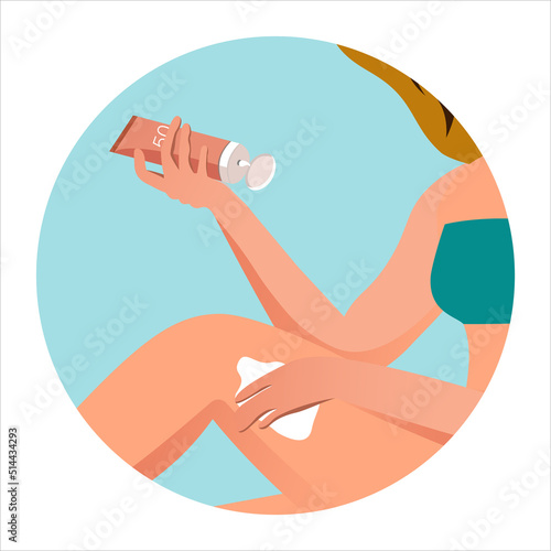 Woman applying sunscreen on body at the beach. Beauty and health skin protection concept. Vector illustration