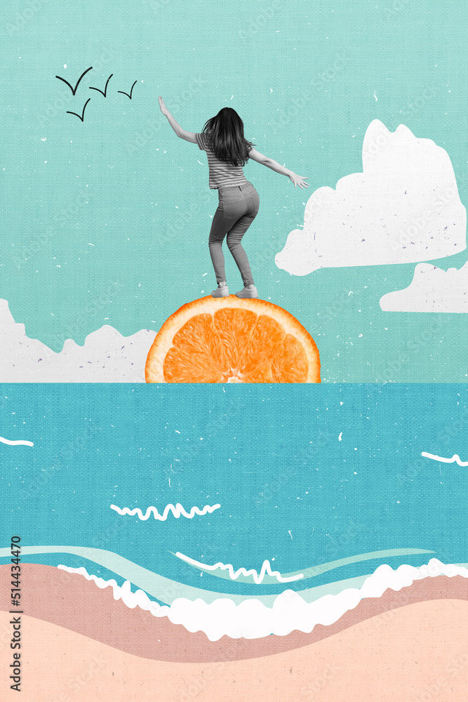 Collage photo of black and white girl dancing on orange fruit sun relaxing summer weekend isolated on beach painting background - obrazy, fototapety, plakaty 