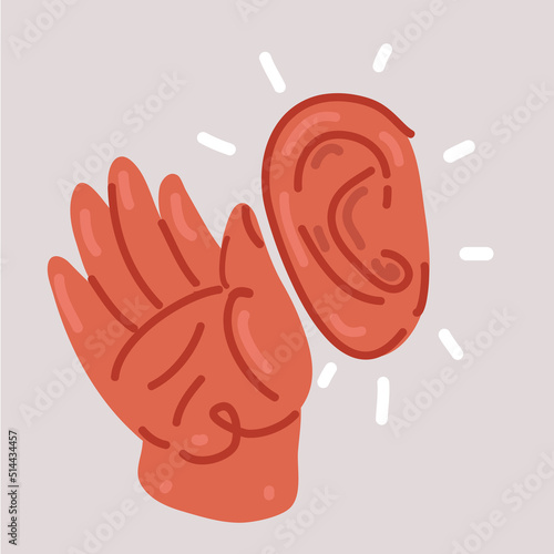 Vector illustration of putting hand to ear. Hearing concept