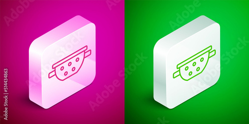 Isometric line Kitchen colander icon isolated on pink and green background. Cooking utensil. Cutlery sign. Silver square button. Vector