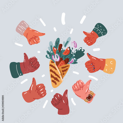 Vector illustration of shawarma with sauce, cucumber, lettuce and salami sausage. Thumb up arround