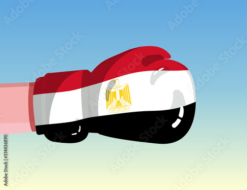 Flag of Egypt on boxing glove. Confrontation between countries with competitive power. Offensive attitude. Separation of power. Template ready design.