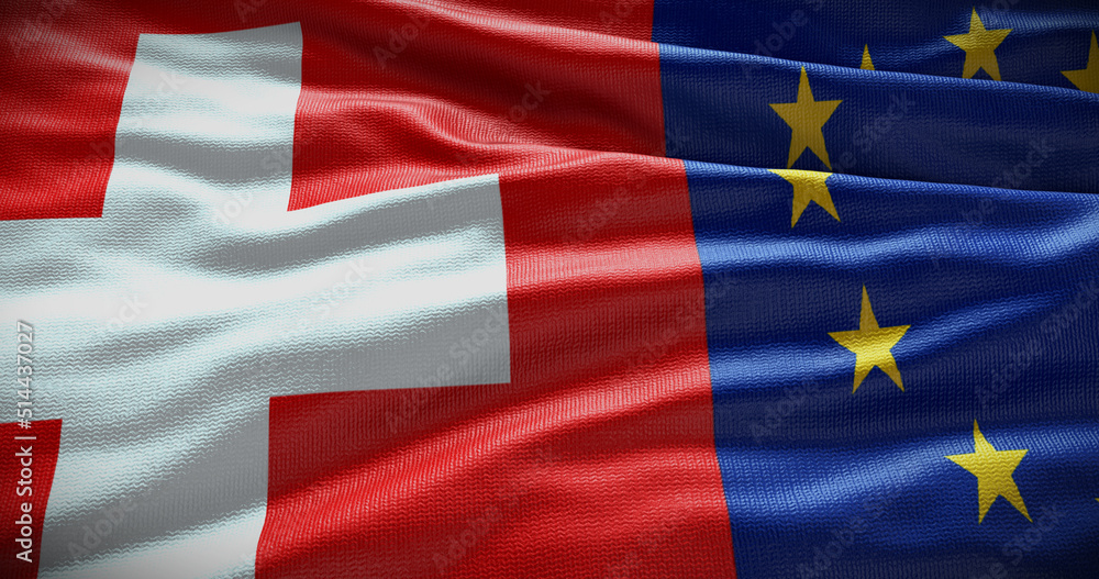 Switzerland and European Union flag background. Relationship between country government and EU. 3D illustration Switzerland and European Union flag background. Relationship between country government and EU. 3D illustration