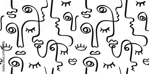 Obraz na płótnie People one line drawing women faces seamless pattern