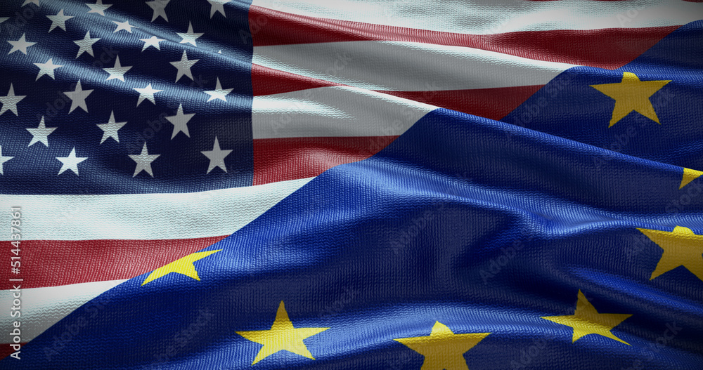 United States and European Union flag background. Relationship between country government and EU. 3D illustration United States and European Union flag background. Relationship between country government and EU. 3D illustration