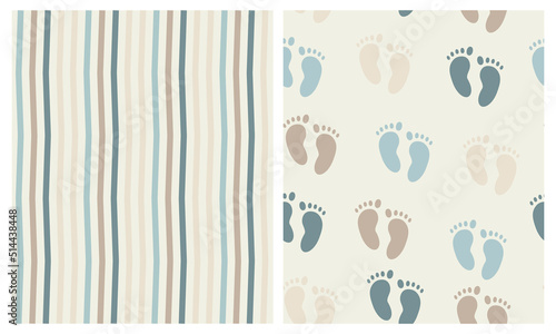Seamless pattern, cute baby foot prints and striped in pastel colors. Print, background, textile, wallpaper, vector. Hello Boy. Baby Shower Vector Illustration .