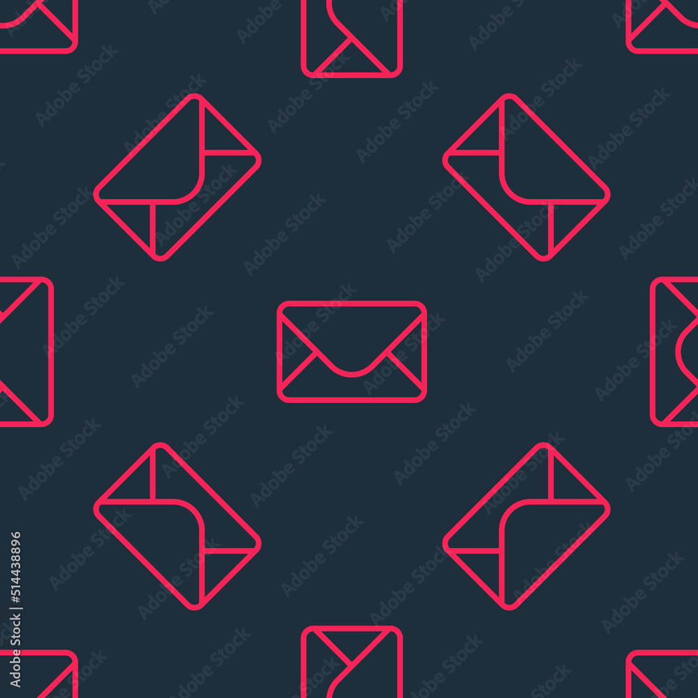 Red line Mail and e-mail icon isolated seamless pattern on black background. Envelope symbol e-mail. Email message sign. Vector Red line Mail and e-mail icon isolated seamless pattern on black background. Envelope symbol e-mail. Email message sign. Vector