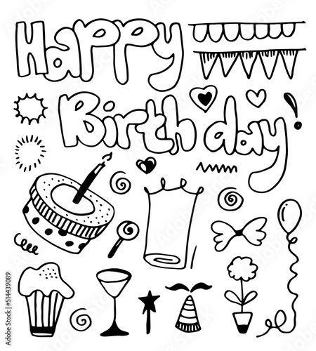 set of hand drawn doodle cartoon objects and symbols on the birthday party.