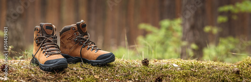 Hiking boot in forest. Brown waterproof leather ankle boots. Panoramic view of sports shoe