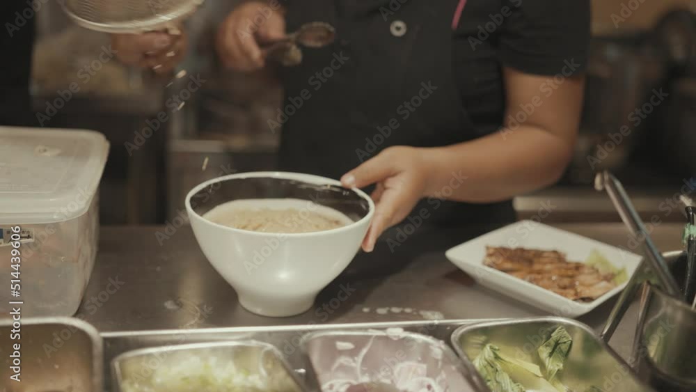 Making Cooking Japanese Ramen Noodle Soup Bowl in Kitchen with Broth, Chicken, Eggs Making Cooking Japanese Ramen Noodle Soup Bowl in Kitchen with Broth, Chicken, Eggs