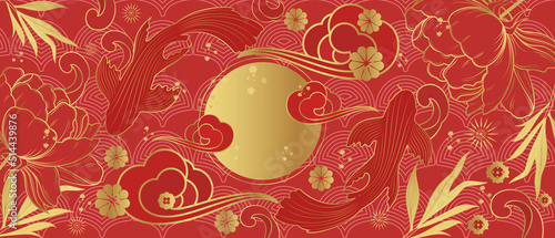 Vector banner with traditional Chinese elements and ornament. Koi carp in gold color on a red background with peony flowers. Chinese background.  © daudau992