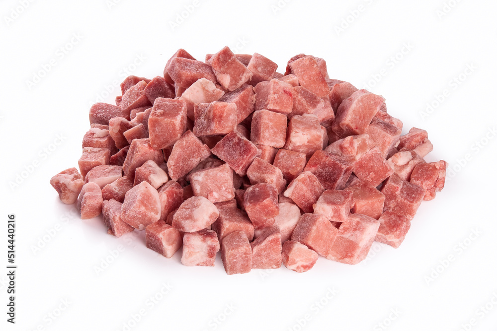Frozen pork meat cubes isolated on white background Frozen pork meat cubes isolated on white background