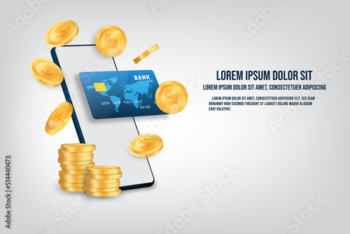 Vector mobile banking app concept. Smartphone and credit card. Website banner design.