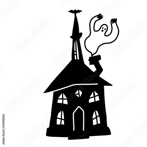 Ghost mansion. Halloween illustration of scary house with ghost. Vector doodle cartoon illustration with haunted house.