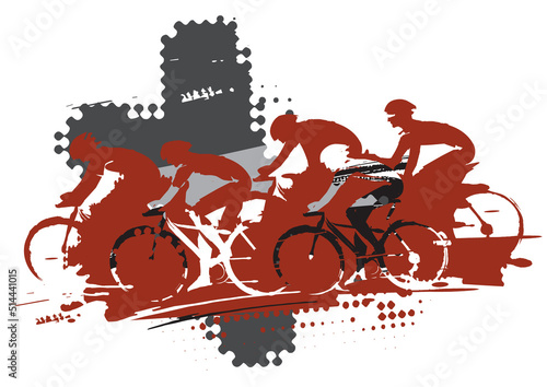 Cycling race, MTB cycling.
Expressive stylized drawing of group of cyclists in full speed. Imitating drawing ink and brush. Vector available.