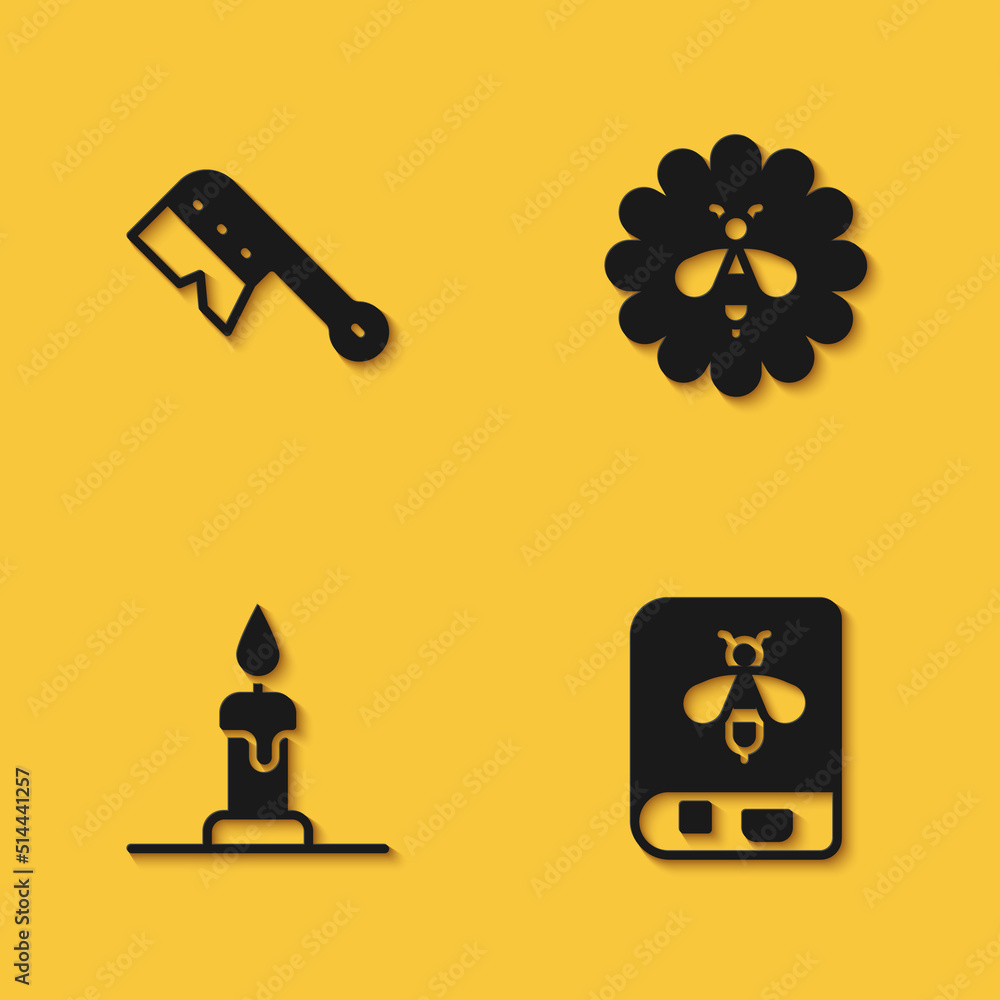 Set Beekeeping brush, Book about bee, Burning candle and on flower icon with long shadow. Vector