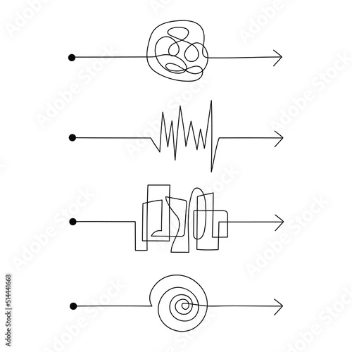 Set of doodle chaos path with arrow. Black scribble. Line art element.  Tangle untangle concept. Vector illustration.