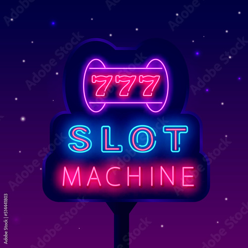 Slot machine neon street billboard. Bright night advertising. Casino concept. Vector stock illustration