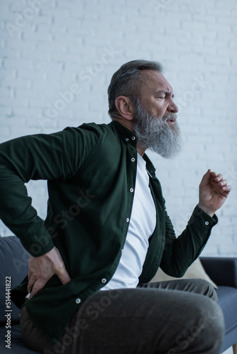 bearded senior man with beard sitting on couch and touching back while suffering from pain.