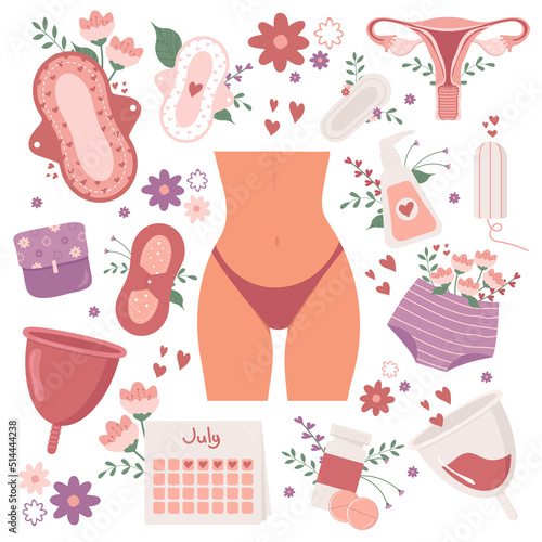 Set of illustrations on menstruation, periods, female uterus, reproductive system. Woman, with flowers, tampons, calendar, menstrual cup, pads. Vector on white background