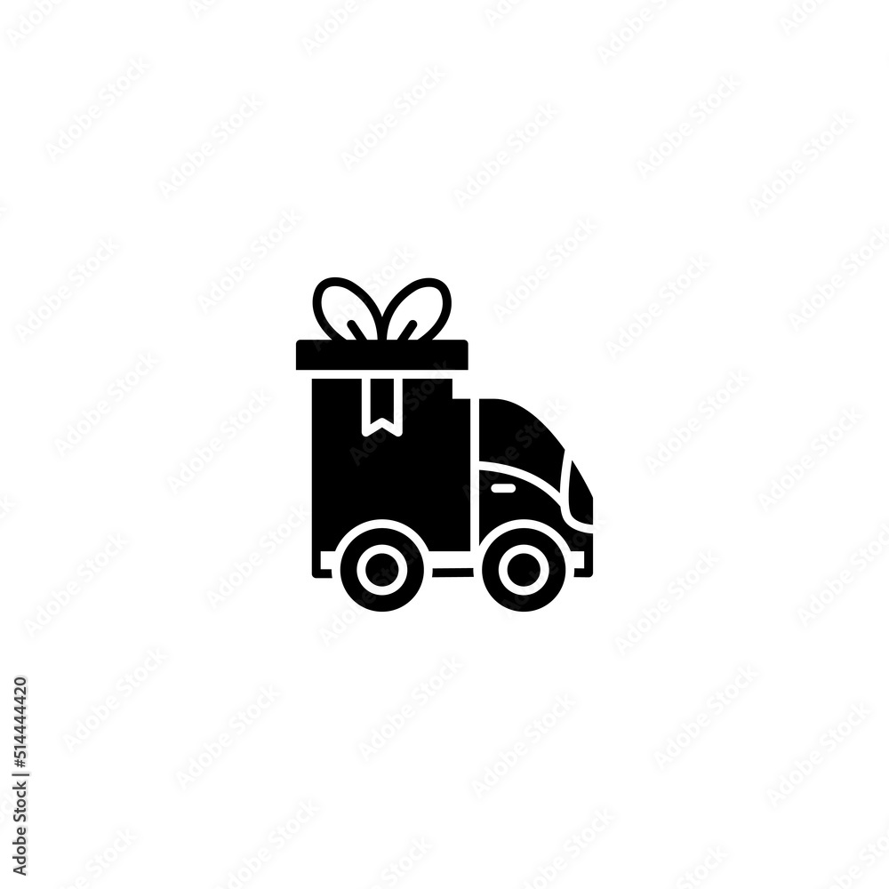 Vector illustration of a truck with gift box, symbol of free shipping, icon design in solid style Vector illustration of a truck with gift box, symbol of free shipping, icon design in solid style