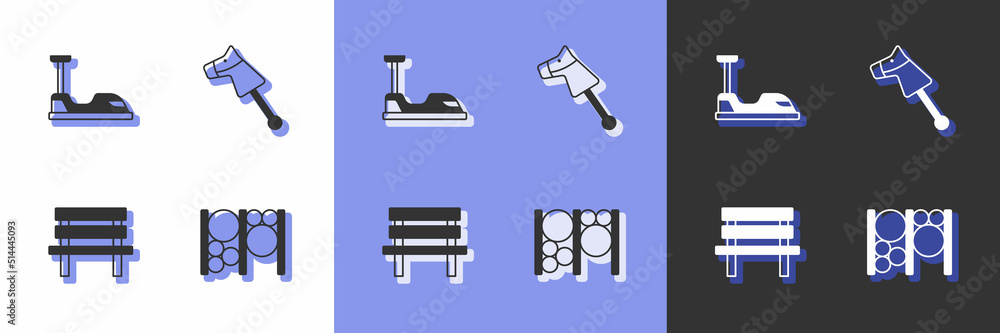 Set Playground climbing equipment, Bumper car, Bench and Toy horse icon. Vector