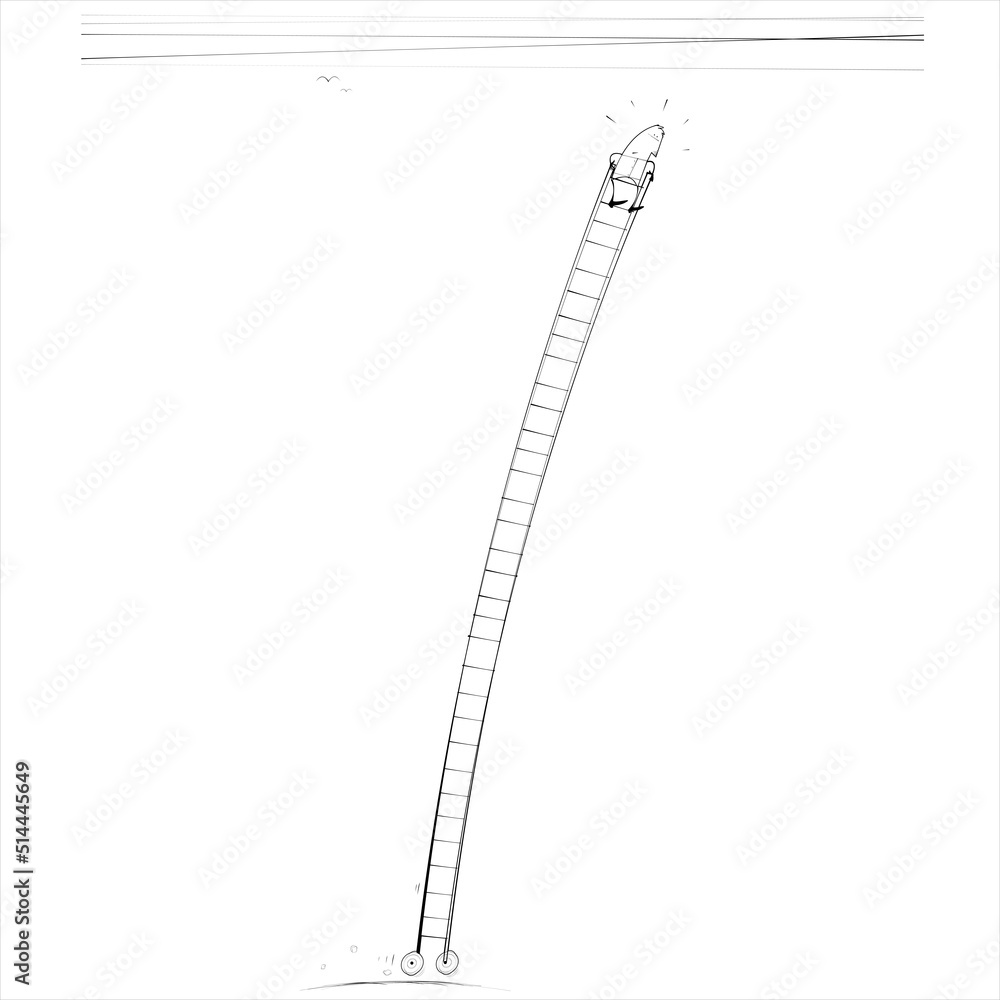 A man scoots along on his ladder on wheels A man scoots along on his ladder on wheels