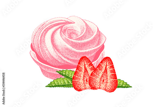 Strawberry cake. Airy meringue pink, marshmallow, zefir. Sweetness, dessert with strawberries flavor. Hand drawn vector Illustrations. Engraved sketch