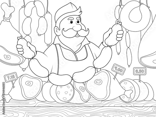 Seller, butcher sells sausages. Children coloring book, vector illustration.