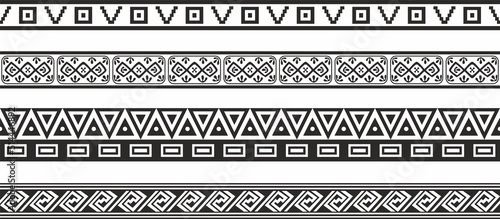 Vector set of seamless monochrome geometric Indian ornaments. Borders, frames, patterns of indigenous peoples of the Americas, Aztec, Maya, Incas.