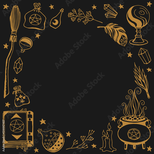 Witchcraft, magic background for witches and wizards. Hand drawn magic tools, concept of witchcraft.