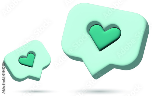 3D vector icon hearts shape like for social media and web sites isolated on white background mint color illustration 