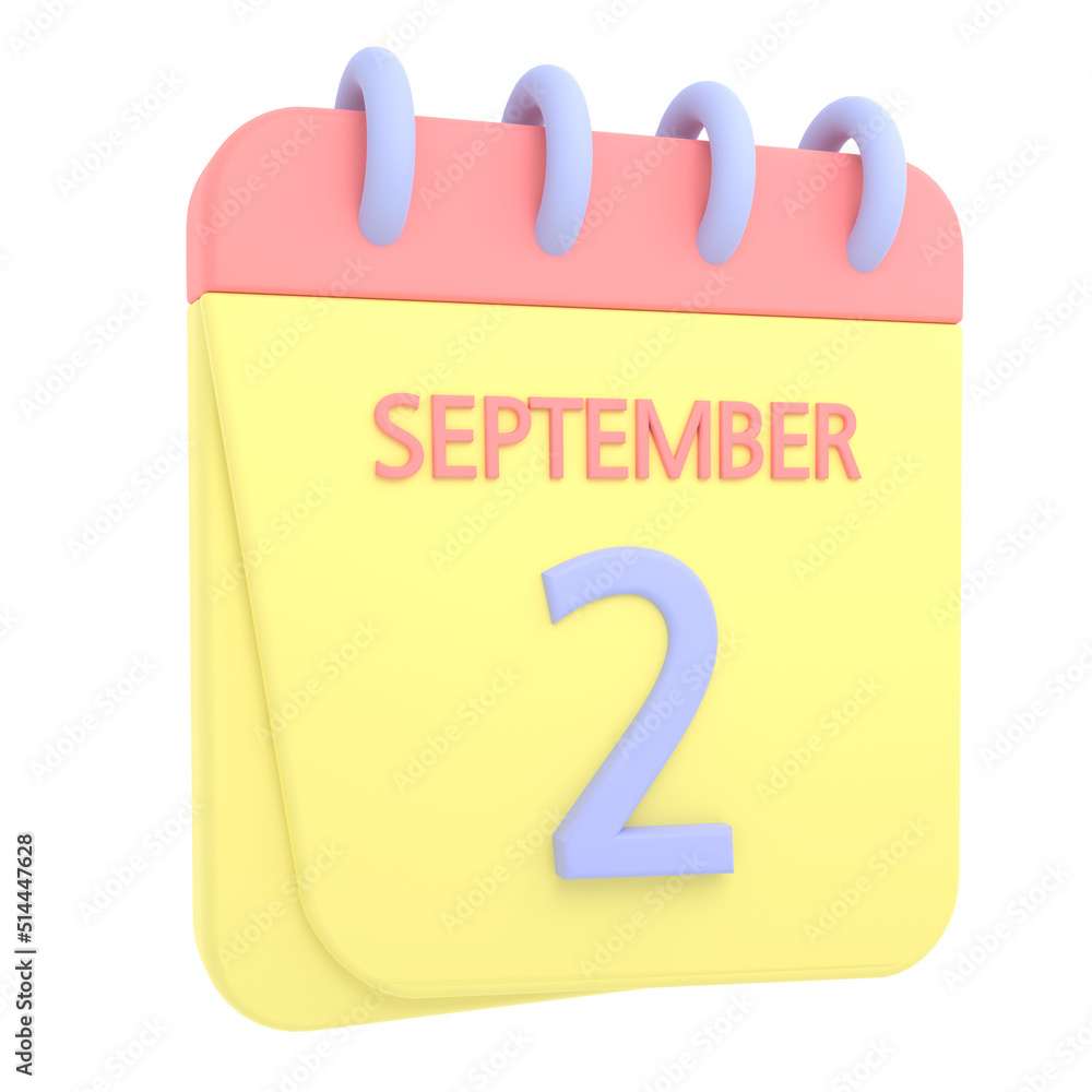 2nd September 3D calendar icon. Web style. High resolution image. White background