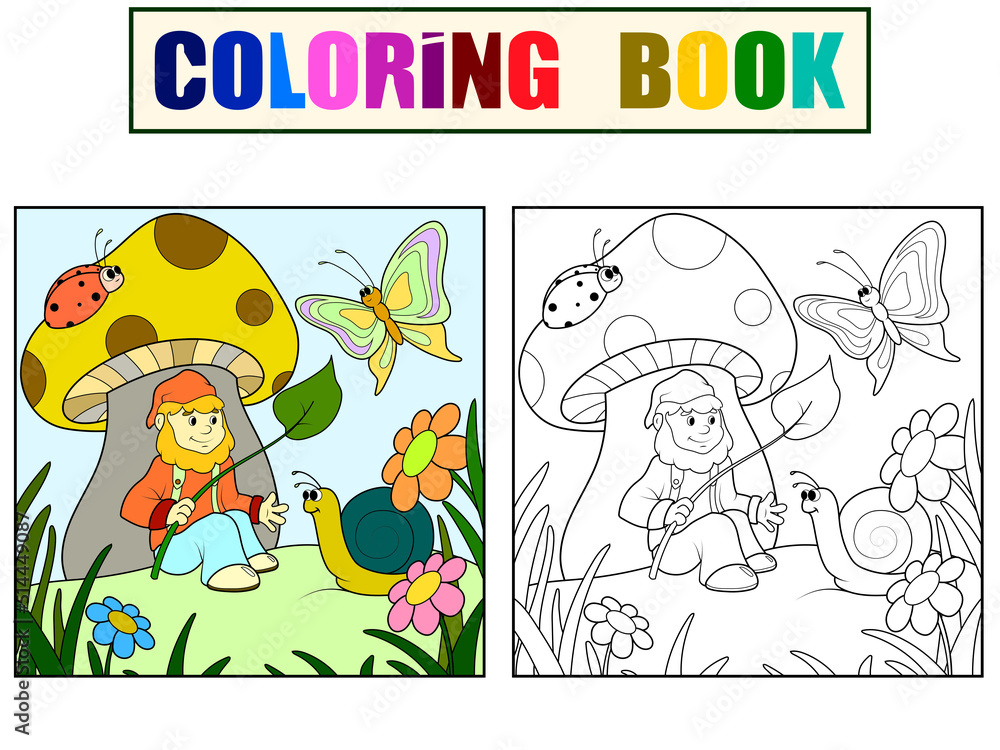 Set of coloring book and color picture. Children, gnome sees under mushroom and communicates with insects and slugs.