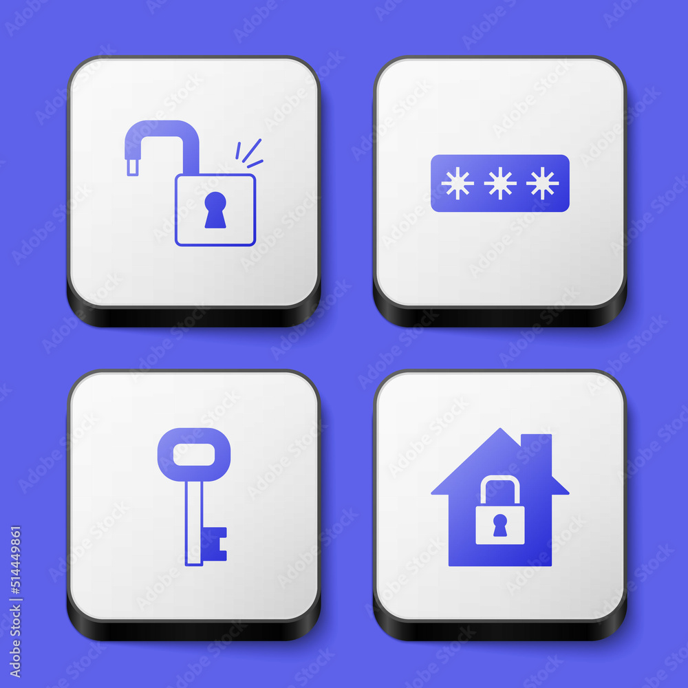 Set Open padlock, Password protection, Old key and House under icon. White square button. Vector Set Open padlock, Password protection, Old key and House under icon. White square button. Vector