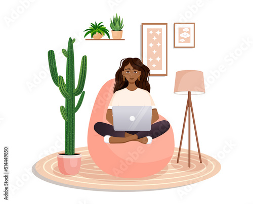 Woman is sitting on a bean bag chair at home at a laptop computer. Remote work, office at home, programming, freelance. Study at home in quarantine. Vector illustration. Cozy interior.