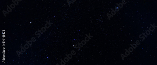 Stars in the sky. Blue night panorama, milky way sky and stars on dark background, universe full of stars, nebula and galaxies.