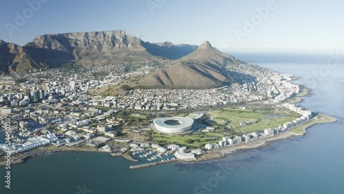 Aerial View of Cape Town Stadium and the city, Western Cape, Cape Town, South Africa.