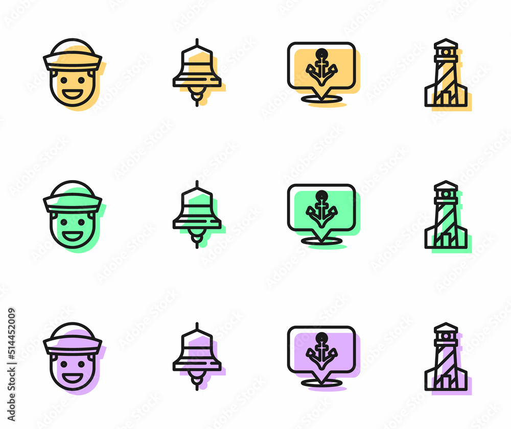 Set line Anchor, Sailor, Ship bell and Lighthouse icon. Vector