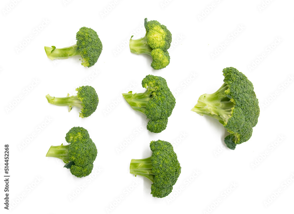some pieces of Broccoli isolated on white background. top view some pieces of Broccoli isolated on white background. top view