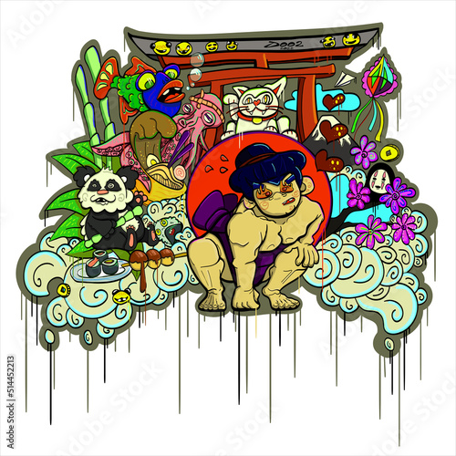 Kawaii japanese, sumo, maneki-neko, onigiri, sushi, octopus, fish, panda. Doodle graffiti style. Cute cartoon vector illustration.