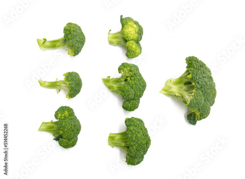 some pieces of Broccoli isolated on white background. top view