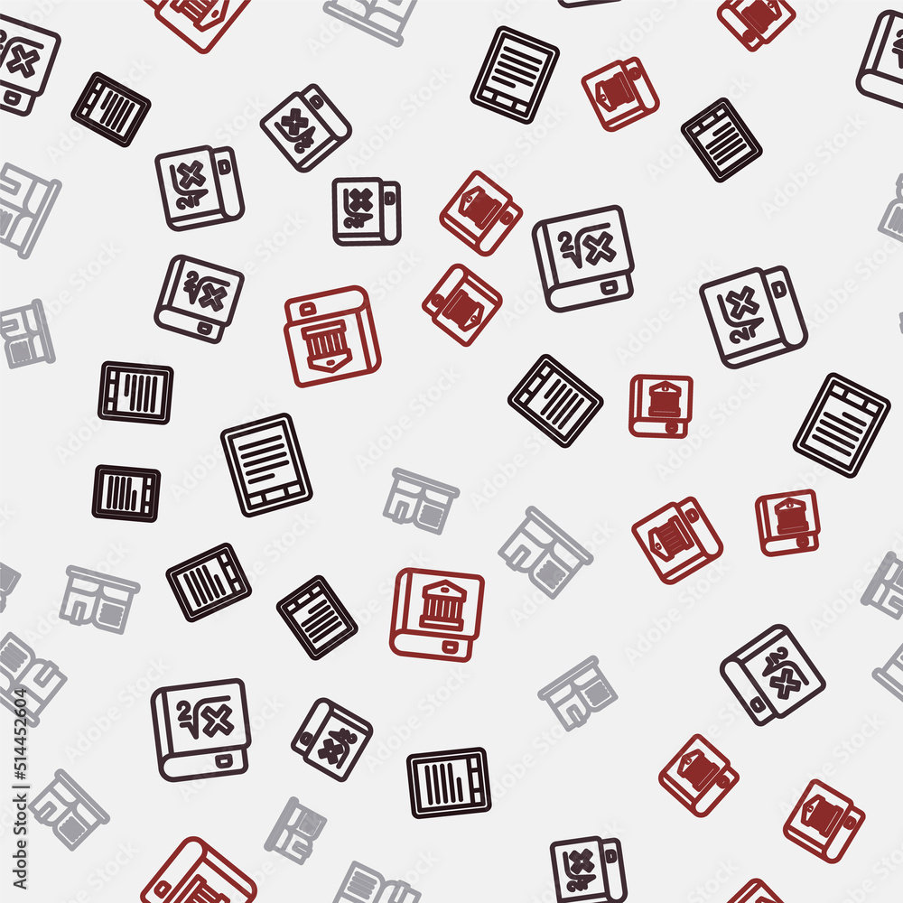 Set line E-Book reader, with mathematics, Open book and Law on seamless pattern. Vector Set line E-Book reader, with mathematics, Open book and Law on seamless pattern. Vector