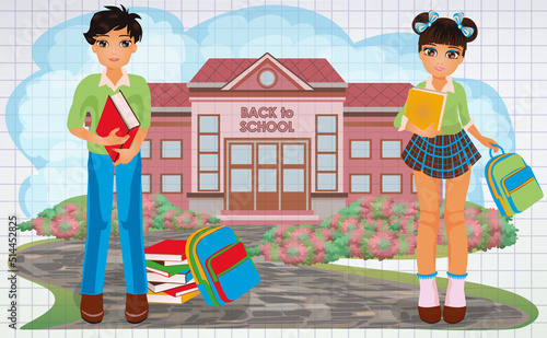 Back to school card, asian boy and girl in school uniform. vector illustration