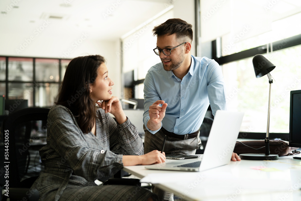Fototapeta premium Colleagues in office. Businesswoman and businessman discussing work in office.