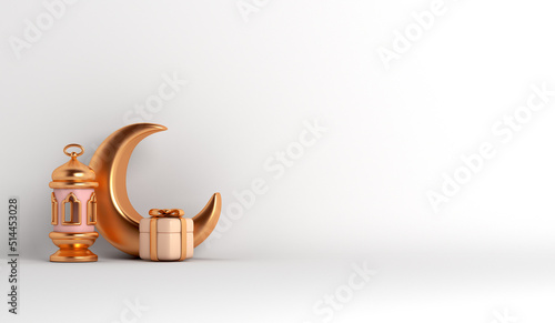 Islamic decoration background with lantern crescent gift box, ramadan kareem, mawlid, iftar, isra  miraj, eid al fitr adha, muharram, copy space text, 3D illustration. photo