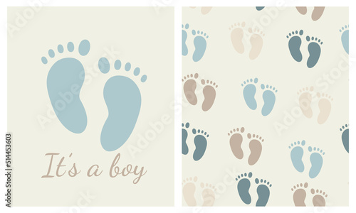Cute Nursery Vector Art. Light Blue Little Baby Foot. it's a boy. Baby Shower Vector Illustration and Lovely Seamless Pattern with Little Baby Feet. 