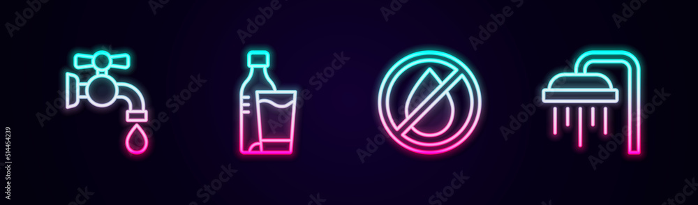 Set line Water tap, Bottle of water with glass, drop forbidden and Shower. Glowing neon icon. Vector Set line Water tap, Bottle of water with glass, drop forbidden and Shower. Glowing neon icon. Vector