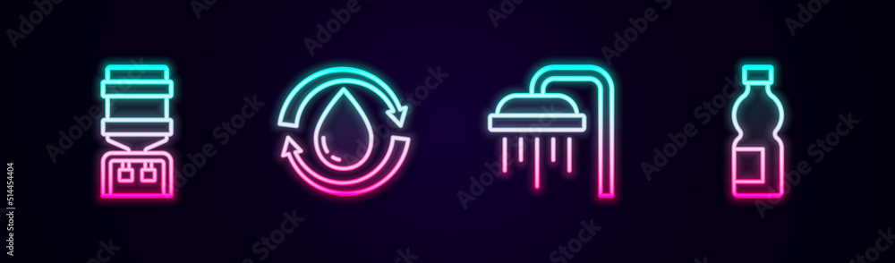 Set line Water cooler, Recycle clean aqua, Shower and Bottle of water. Glowing neon icon. Vector Set line Water cooler, Recycle clean aqua, Shower and Bottle of water. Glowing neon icon. Vector