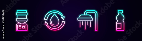 Set line Water cooler, Recycle clean aqua, Shower and Bottle of water. Glowing neon icon. Vector